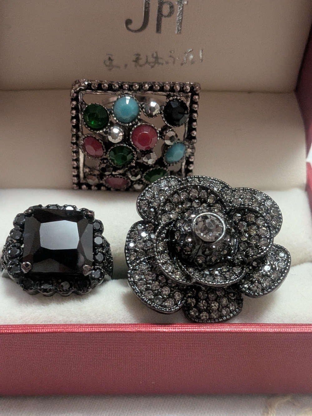 Vintage Style Statement Cocktail Ring Bundle - Set of 3 Black & Multicolor